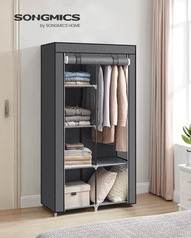 SONGMICS Portable Clothes Storage with 6 Shelves and 1 Clothes Hanging Rail Grey