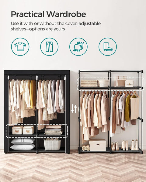 SONGMICS Portable Fabric Clothes Storage Wardrobe with 2 Clothes Rails Black