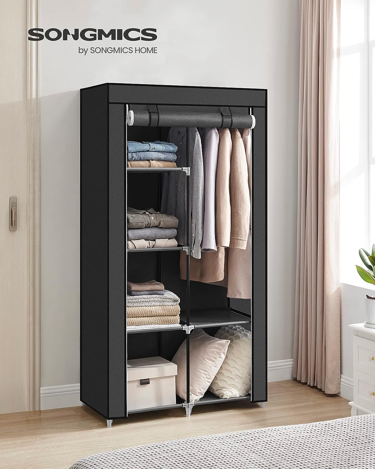 SONGMICS Portable Clothes Storage with 6 Shelves and 1 Clothes Hanging Rail Black