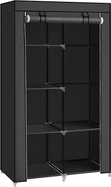 SONGMICS Portable Clothes Storage with 6 Shelves and 1 Clothes Hanging Rail Black