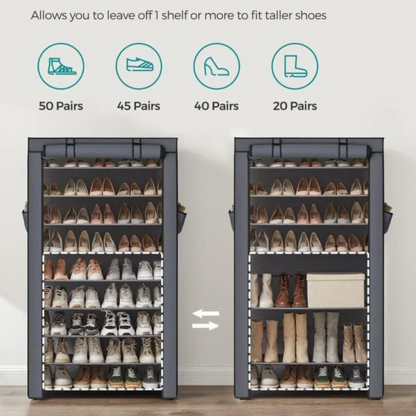SONGMICS 9 Tier Shoe Rack for 27-35 Pairs of Shoes Nonwoven Fabric Cover Grey