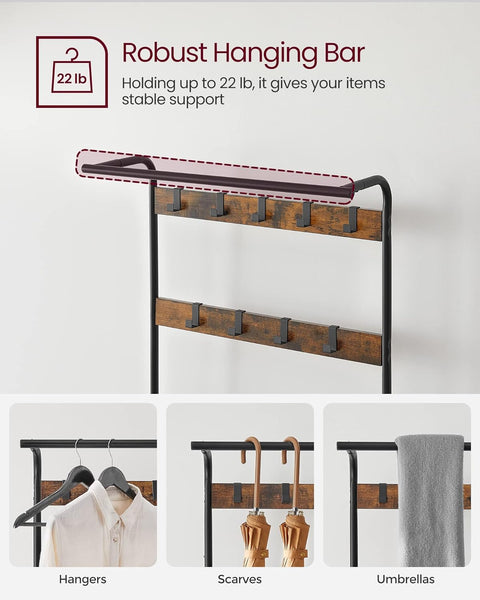 VASAGLE 4-in-1 Coat Rack with Shoe Bench and 9 Removable Hooks Rustic Brown and Black HSR400B01V1