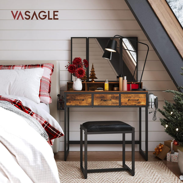 VASAGLE Dresser Table with Trifold Mirror Rustic Brown and Black RVT004B01V1