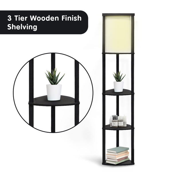Sarantino Wood Etagere Floor Lamp in Tripod Shape 3 Wooden Shelves