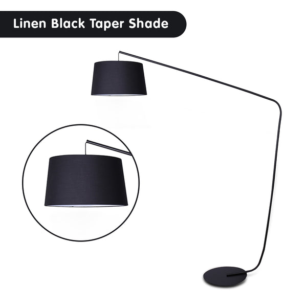Sarantino Metal Arc Floor Lamp in Black Finish with Linen Taper Shade