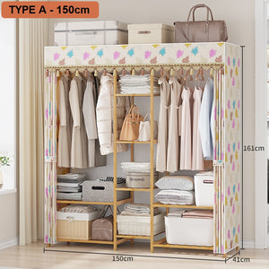 150cm Width Bamboo Clothes Rack Garment Closet Storage Organizer Hanging Rail Shelf Fabric Dustproof Cover