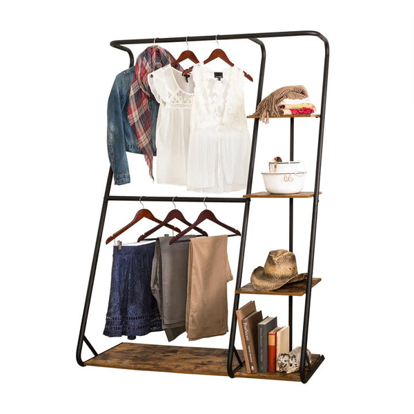 Black/Rustic Freestanding 2-Rod Open Closet with 3 Shelves Organizer Storage Clothes Hanger Rail Garment Shelf Rack