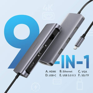 UGREEN Type C 9 in 1 Multifunction Adapter- HDMI/ VGA/Gigabit/TypeC/USB3.0 x 3/SD/TF (40873)