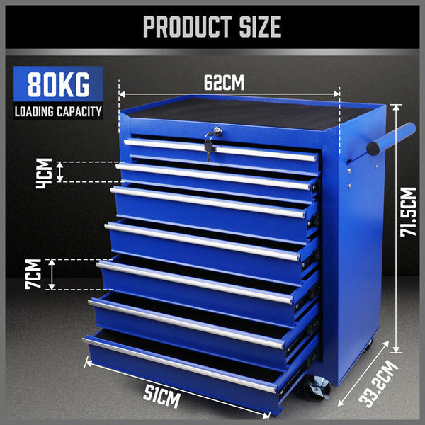 Black 7 Drawer Tool Box Trolley Cabinet Storage Cart Garage Toolbox Organiser Set