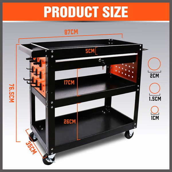 Single Drawer Tool Storage Trolley- Workshop Cart Chest Cabinet with Pegboard Hooks and Lockable Wheels