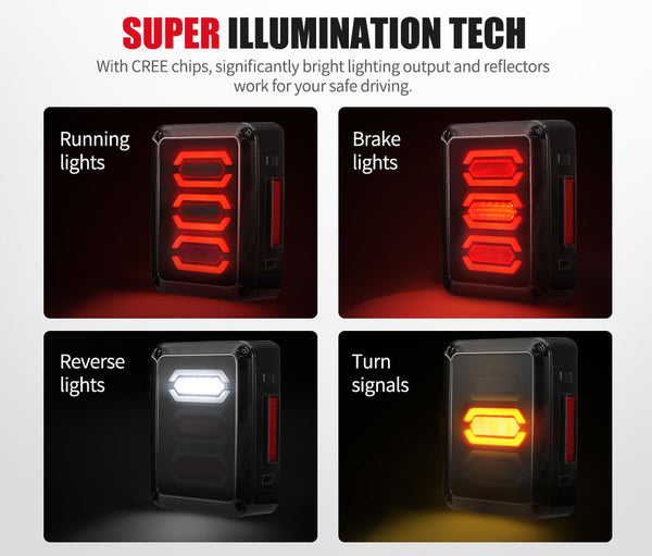 LIGHTFOX CREE Pair LED Tail Lights Smoked Lens Reverse Turn for 07-17 Jeep Wrangler JK