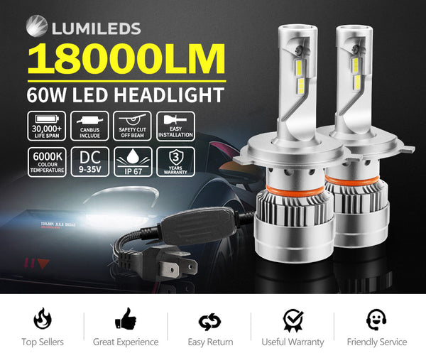 Pair of 60W 18000LM H4 9003 LED Car Headlight Kit Replace Bulb Lamp Globe High Beam