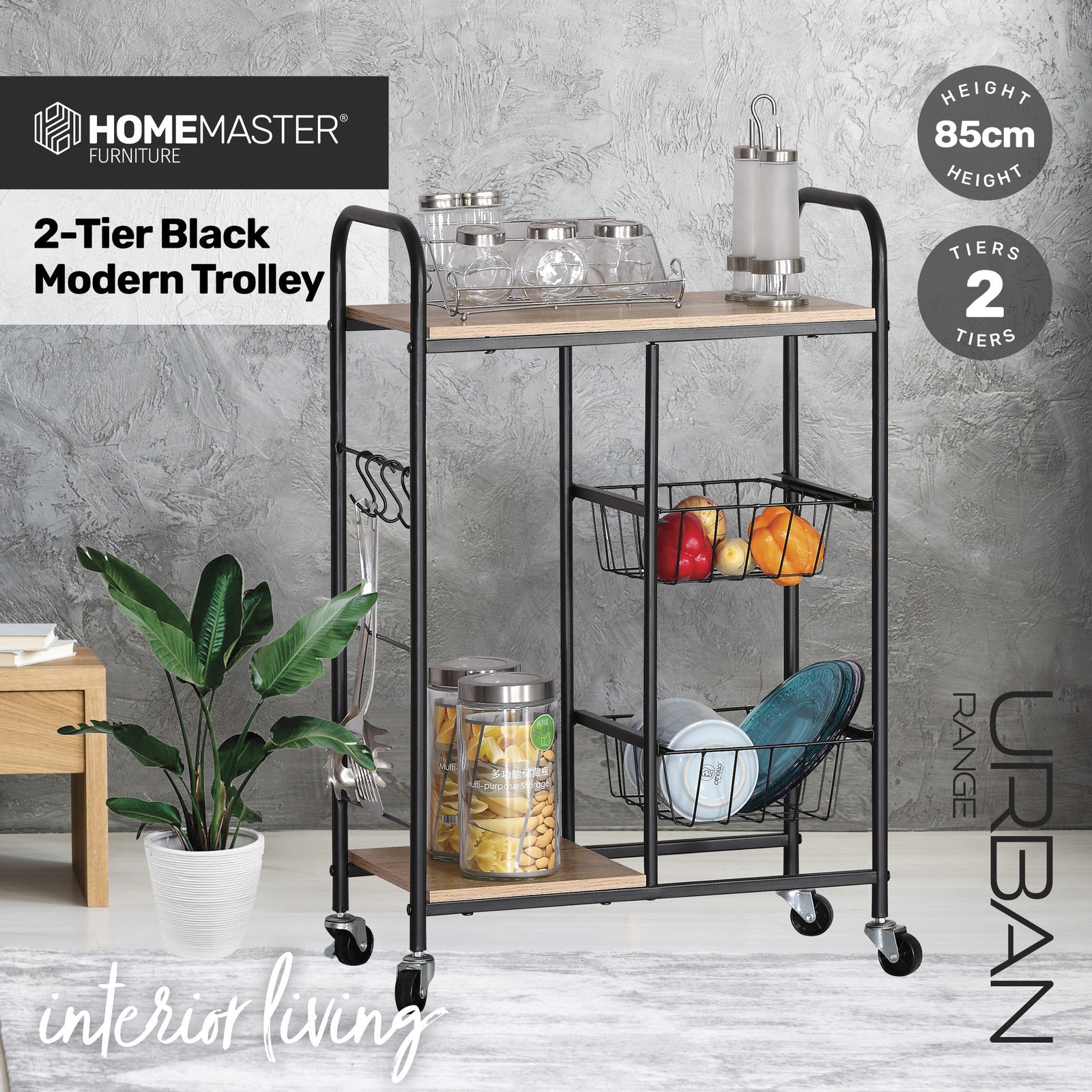 Home Master Kitchen Trolley 2 Tier Stylish Modern Industrial Design 85cm